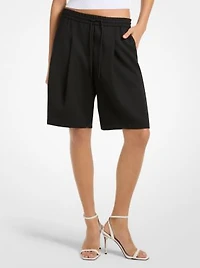 Stretch Wool Blend Twill Pleated Track Shorts