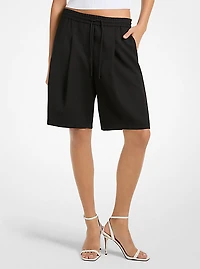 Stretch Wool Blend Twill Pleated Track Shorts
