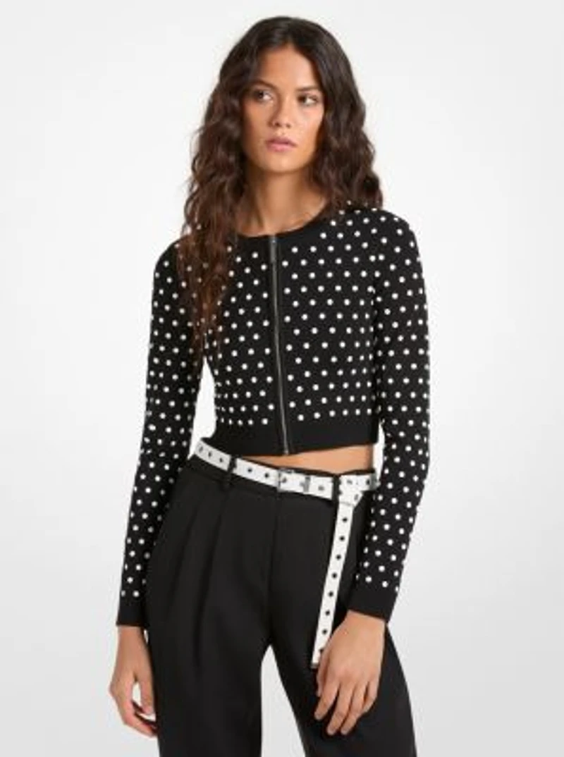 Studded Cropped Zip-Up Cardigan
