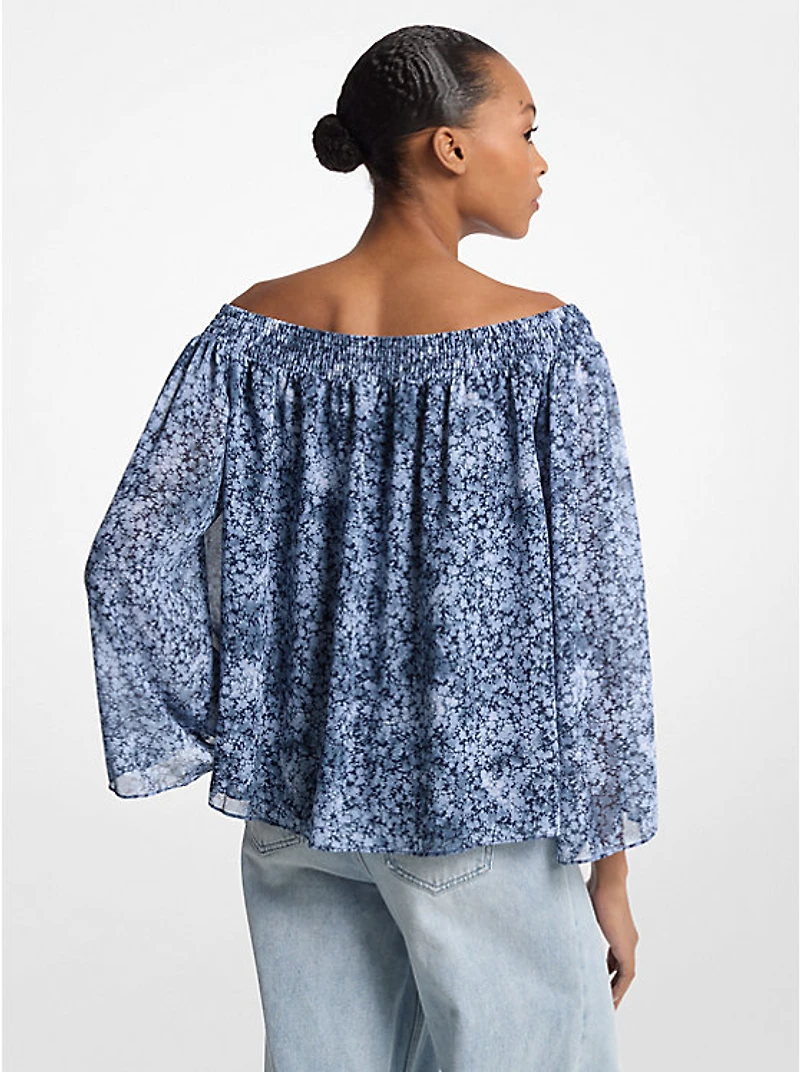 Tie-Dye Floral Georgette Off-the-Shoulder Top