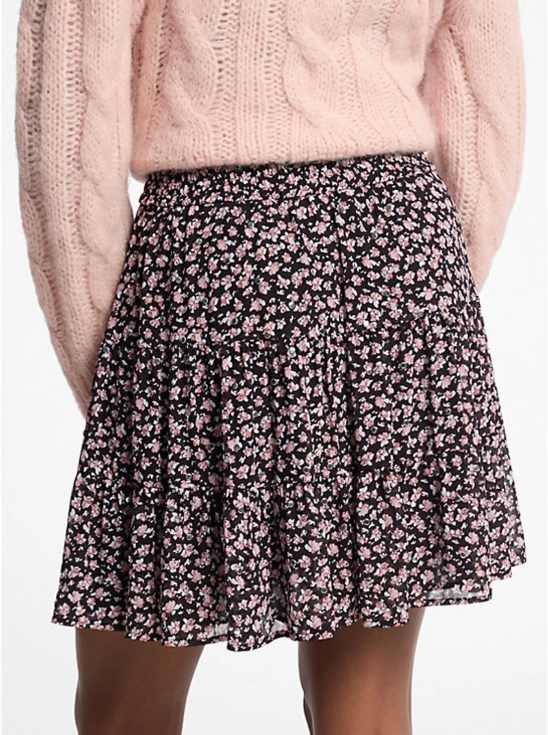 Studded Floral Print Georgette Tiered Skirt