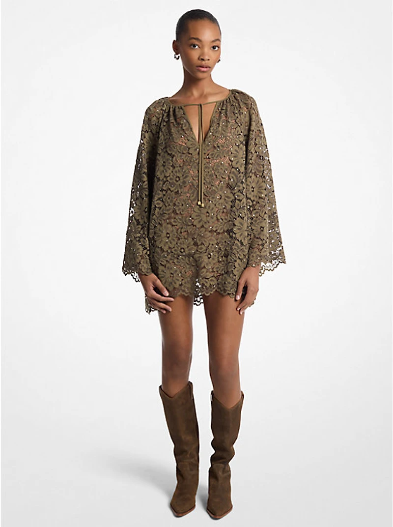 Studded Corded Floral Lace V-Neck Dress