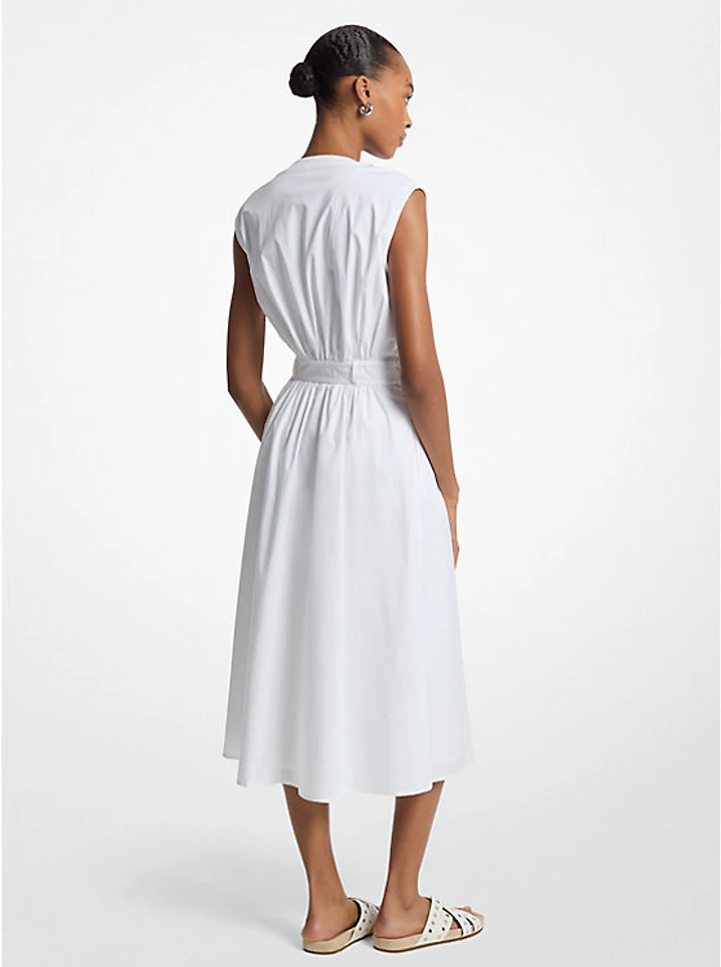 Stretch Cotton Poplin Belted Midi Dress
