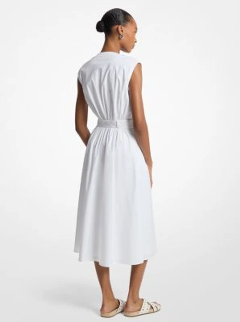 Stretch Cotton Poplin Belted Midi Dress