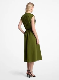 Stretch Cotton Poplin Belted Midi Dress