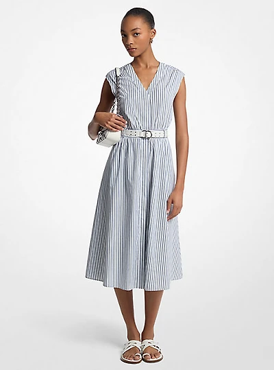 Striped Cotton Poplin Belted Midi Dress