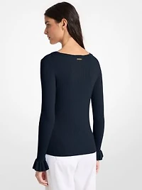 Ribbed Wool Blend V-Neck Sweater