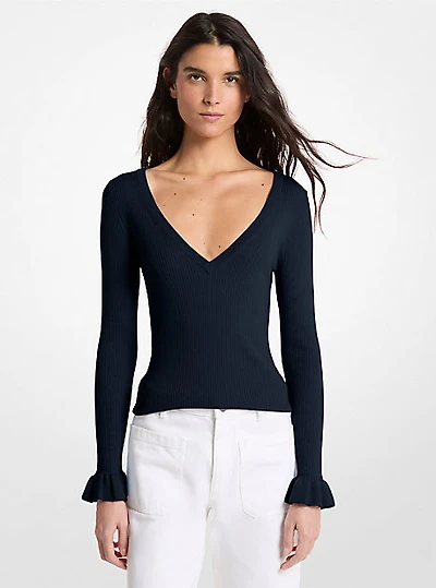 Ribbed Wool Blend V-Neck Sweater