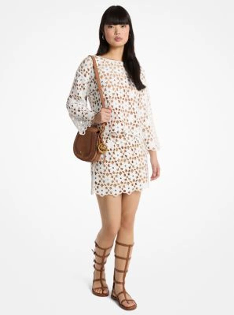 Mirror-Embellished Floral Crochet Skirt