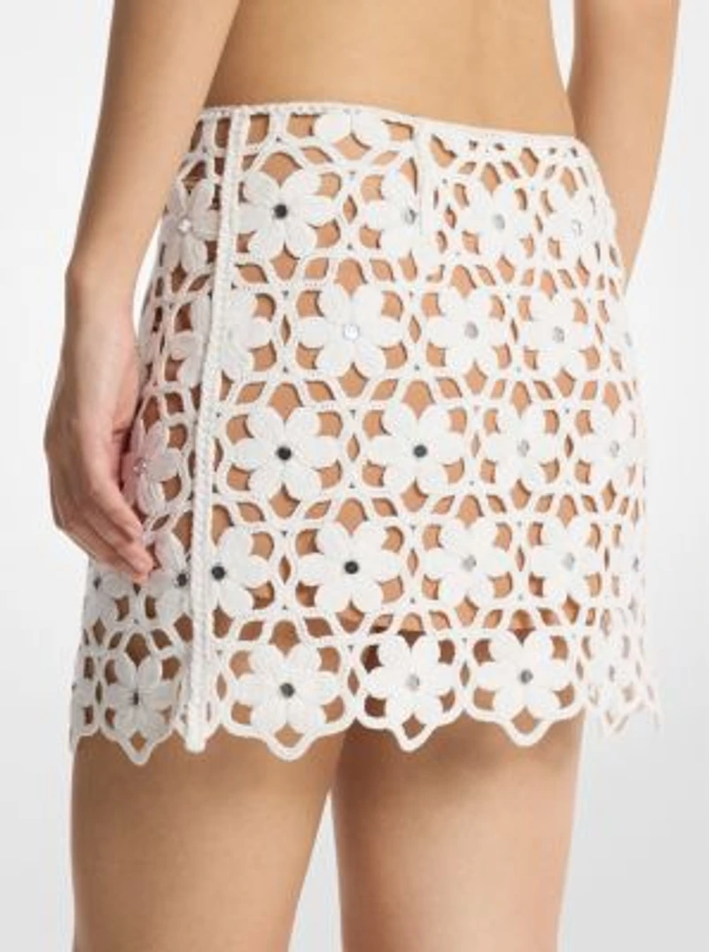 Mirror-Embellished Floral Crochet Skirt
