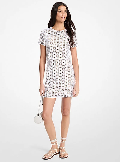 Mirror-Embellished Floral Laser-Cut Scuba Dress