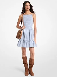 Striped Stretch Cotton Blend Smocked Dress