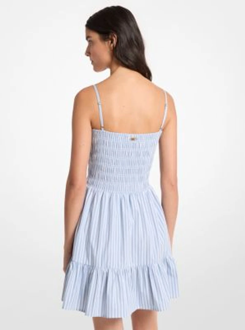 Striped Stretch Cotton Blend Smocked Dress