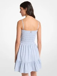 Striped Stretch Cotton Blend Smocked Dress