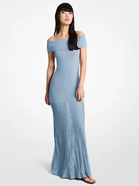 Pleated Stretch Knit Off-The-Shoulder Maxi Dress