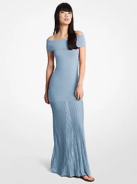 Pleated Stretch Knit Off-The-Shoulder Maxi Dress
