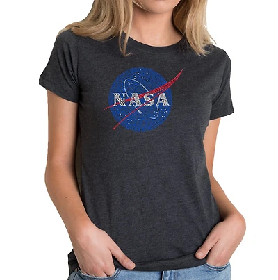LA Pop Art Women's Cotton/Poly Blend Word TShirt - NASA's Most Notable Missions
