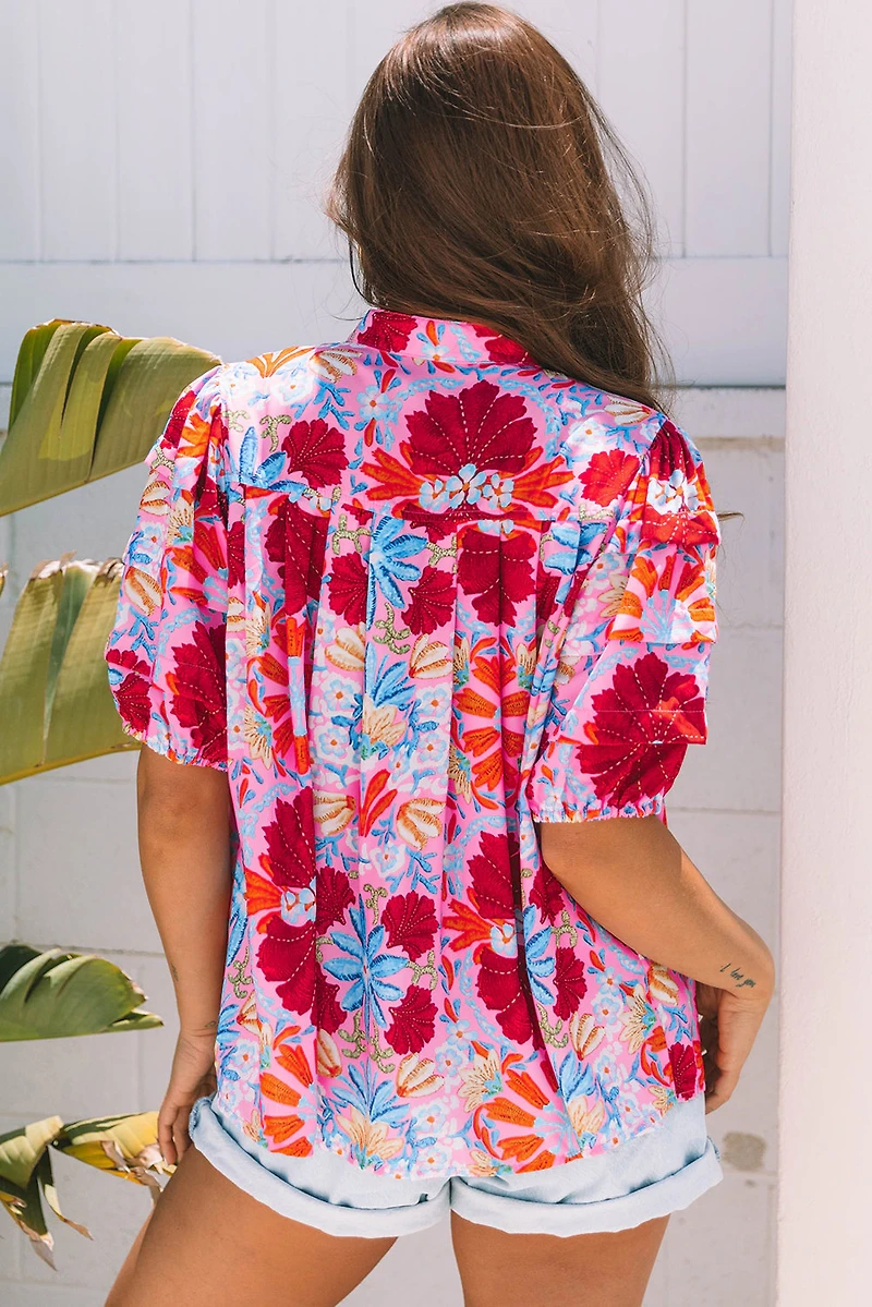 Threaded Pear Women's Mikaela Floral Bubble Sleeve Button Up Pleated Shirt