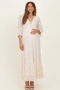 PinkBlush Womens Ivory Floral Lace 3/4 Ruffle Sleeve V-Neck Maternity Maxi Dress