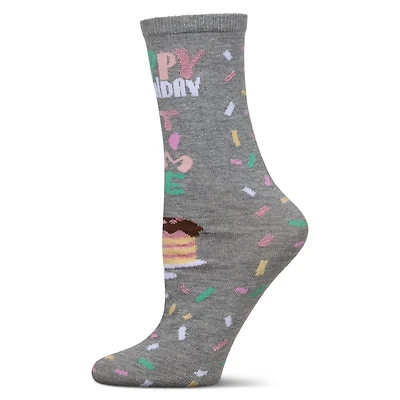MeMoi Women's "Happy Birthday Cake Time" Greeting Card Crew Socks