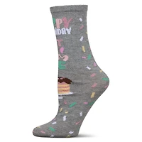 MeMoi Women's "Happy Birthday Cake Time" Greeting Card Crew Socks