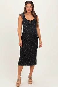 PinkBlush Womens Black Floral Mesh Front Tie Cutout Maternity Midi Dress