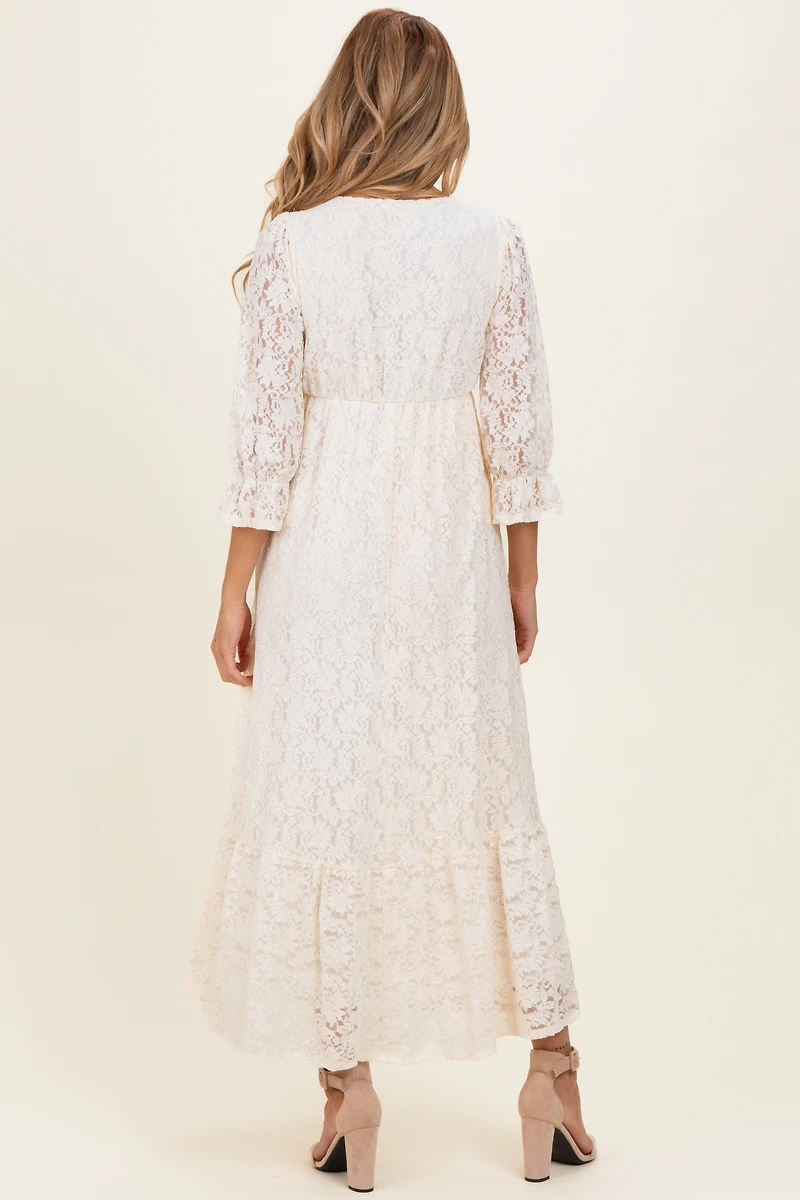PinkBlush Womens Ivory Floral Lace 3/4 Ruffle Sleeve V-Neck Maternity Maxi Dress