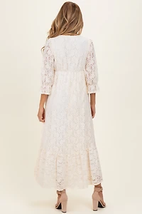PinkBlush Womens Ivory Floral Lace 3/4 Ruffle Sleeve V-Neck Maternity Maxi Dress