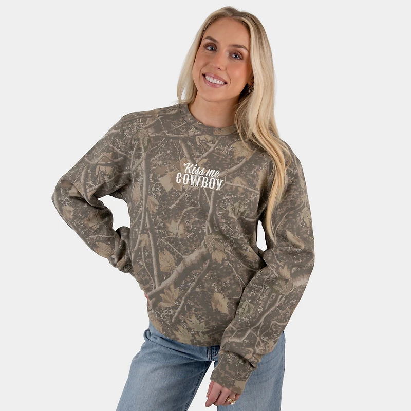 Simply Sage Market Women's Camo Sweatshirt - Embroidered "Kiss Me Cowboy", Relaxed Fit