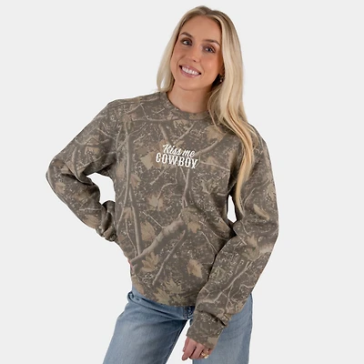 Simply Sage Market Women's Camo Sweatshirt - Embroidered "Kiss Me Cowboy", Relaxed Fit