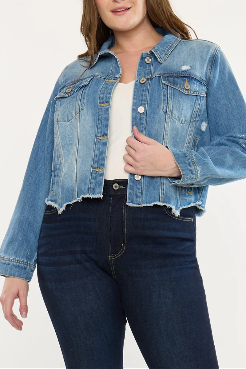 KanCan Women's Plus Distressed Denim Jacket Vianca