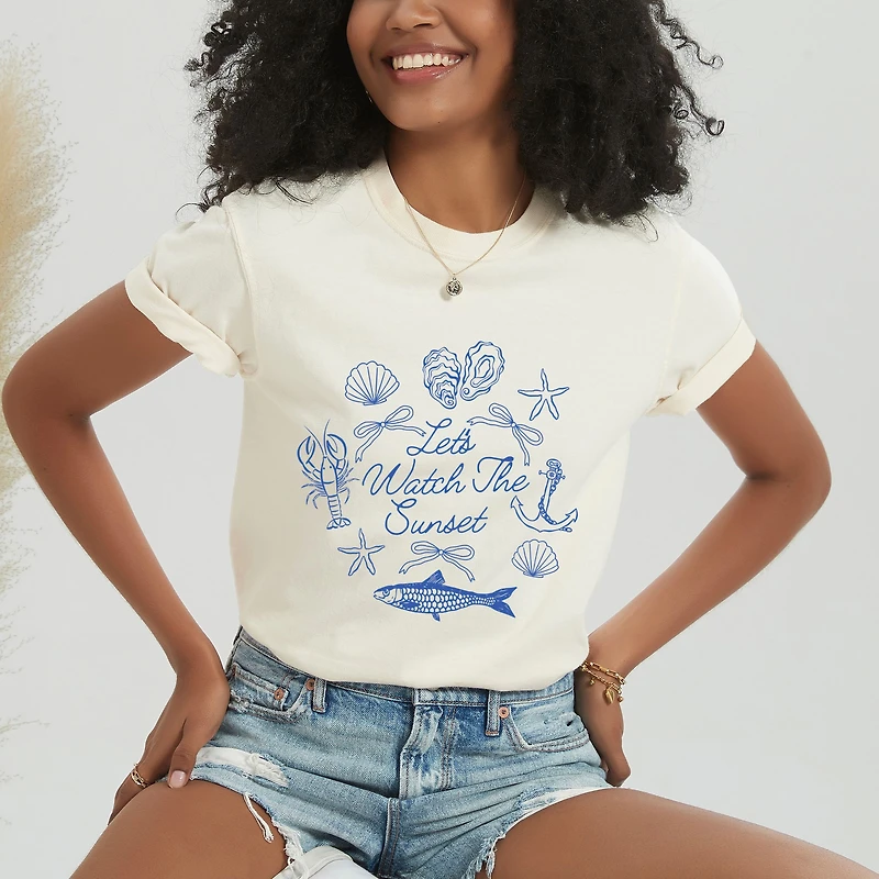 Simply Sage Market - Let's Watch The Sunset Nautical Women's Garment Dyed Graphic T-Shirt
