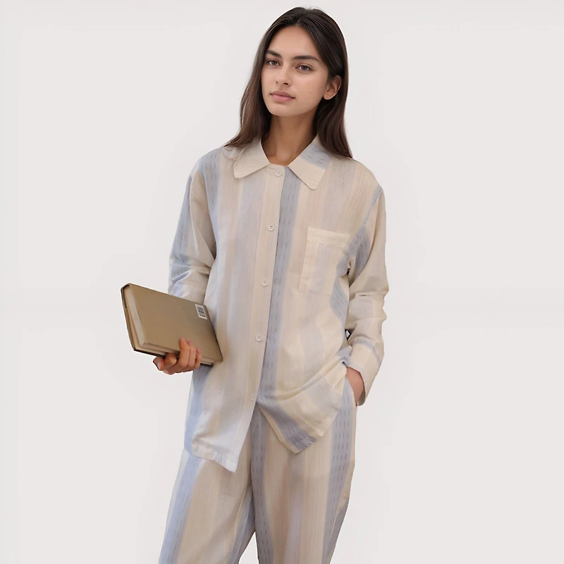 Anna-Kaci Women's Striped Woven Pajama Set with Collared Long Sleeve Top and Cuffed Wide Leg Pants
