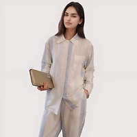 Anna-Kaci Women's Striped Woven Pajama Set with Collared Long Sleeve Top and Cuffed Wide Leg Pants
