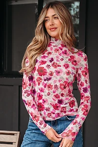 Threaded Pear Women's Rosalie Floral Long Sleeve Slim Fit Mesh Top