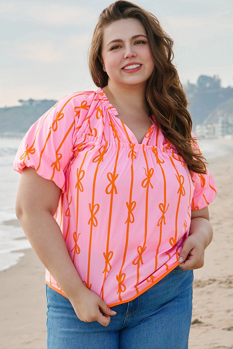Threaded Pear Women's Sydney Plus Bowknot V Neck Blouse