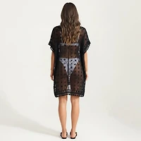 Anna-Kaci Women's Sheer Crochet Trim Tassel Detail Relaxed Fit Short Sleeve Cover Up Dress