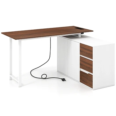 SUGIFT Reversible L-Shaped Computer Desk with File Cabinet and Power Outlet 220-lb Tabletop Capacity Brown & White