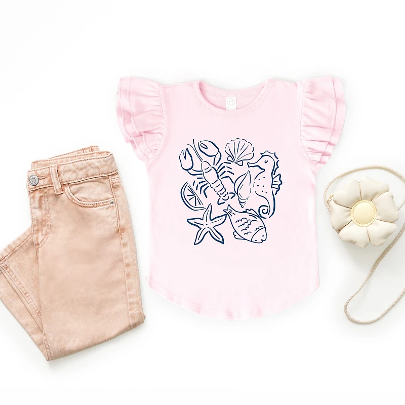 The Juniper Shop - Nautical Animals Outlined Flutter Sleeve Graphic T-Shirt