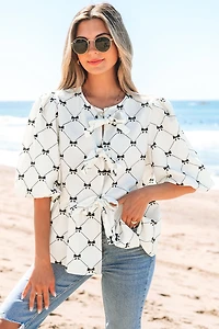 Threaded Pear Women's Ezra Bowknot Print Front Knots Bubble Sleeve Blouse