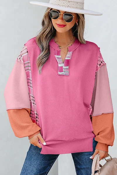 Threaded Pear Women's Maddie Texture Colorblock Patchwork Long Sleeve PLUS Top