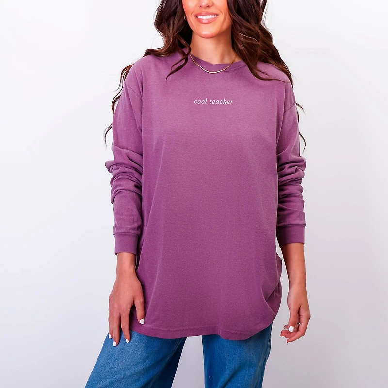 Simply Sage Market - Embroidered Cool Teacher Women's Garment Dyed Long Sleeve Graphic T-Shirt