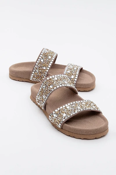 Forever & Always Womens Jamie Leather Double Strap Slide Sandals with Stones