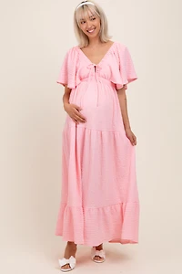 PinkBlush Womens Light Pink Woven Textured Flutter Sleeve V-Neck Tiered Maternity Maxi Dress