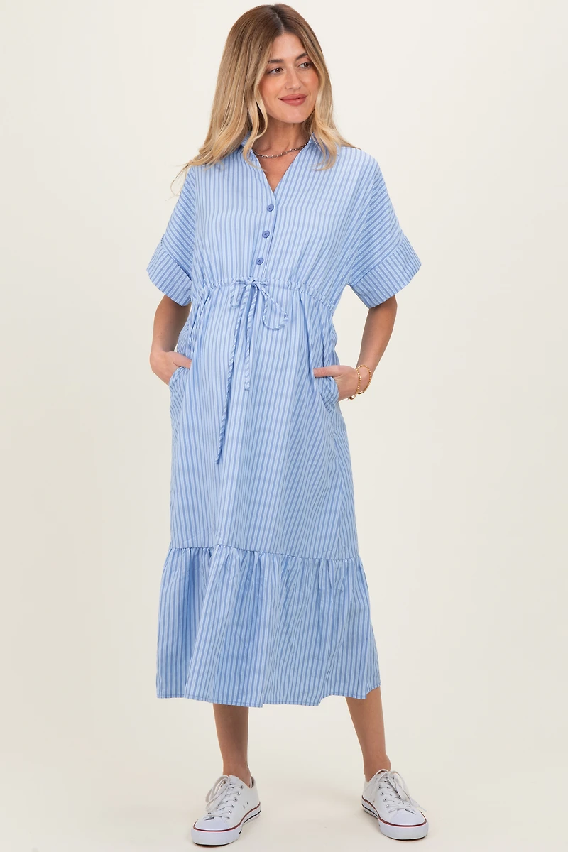 PinkBlush Womens Light Blue Striped Button Collared Maternity Midi Dress