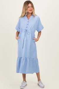 PinkBlush Womens Light Blue Striped Button Collared Maternity Midi Dress