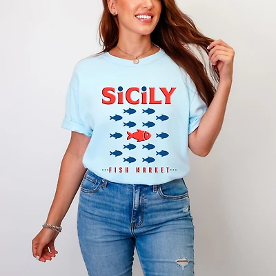 Simply Sage Market - Sicily Fish Puff Print Women's Garment Dyed Graphic T-Shirt