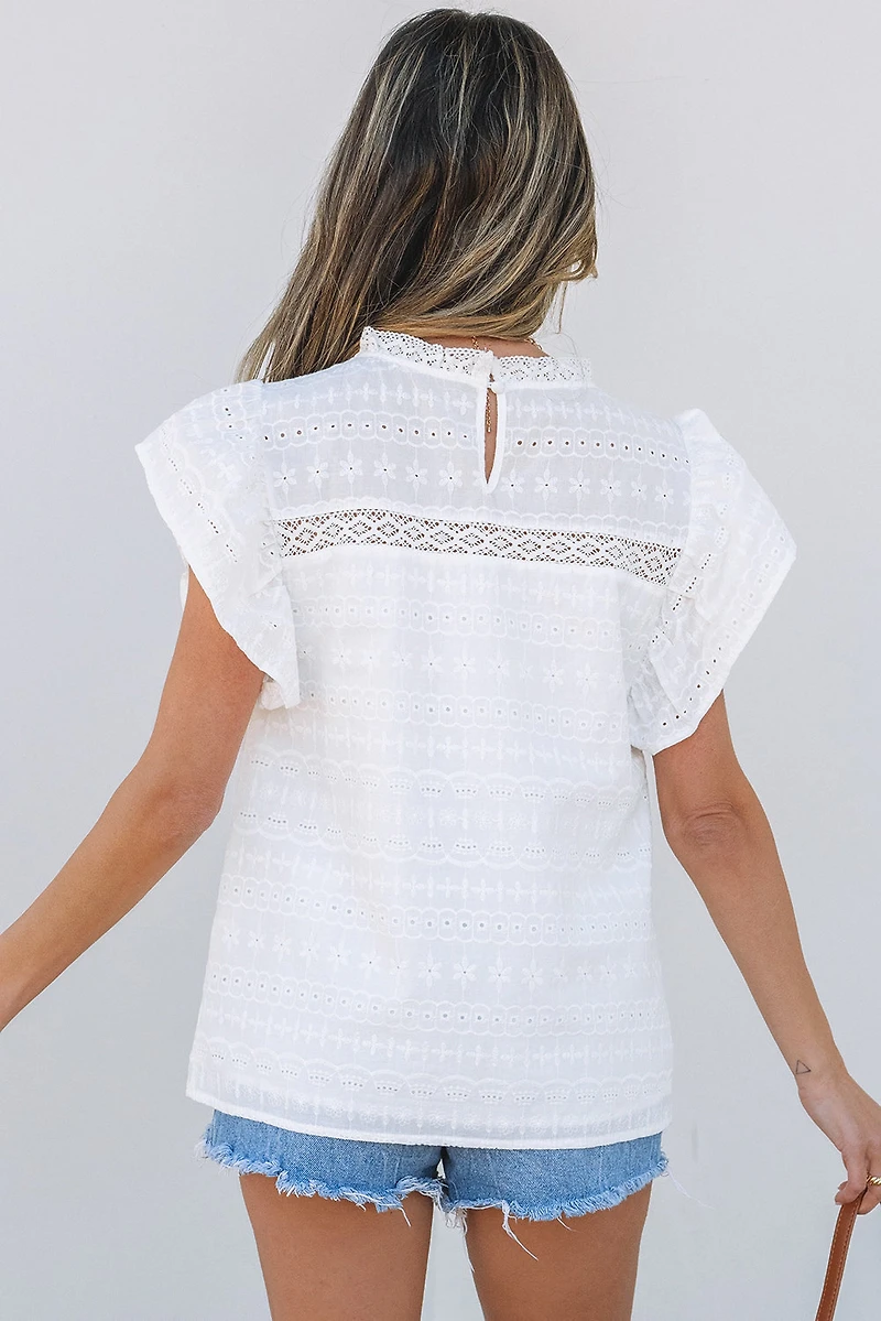 Threaded Pear Women's Alondra Lace Flutter Sleeve Eyelets Blouse