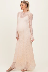 PinkBlush Womens Lace Mock Neck Long Sleeve Maternity Maxi Dress