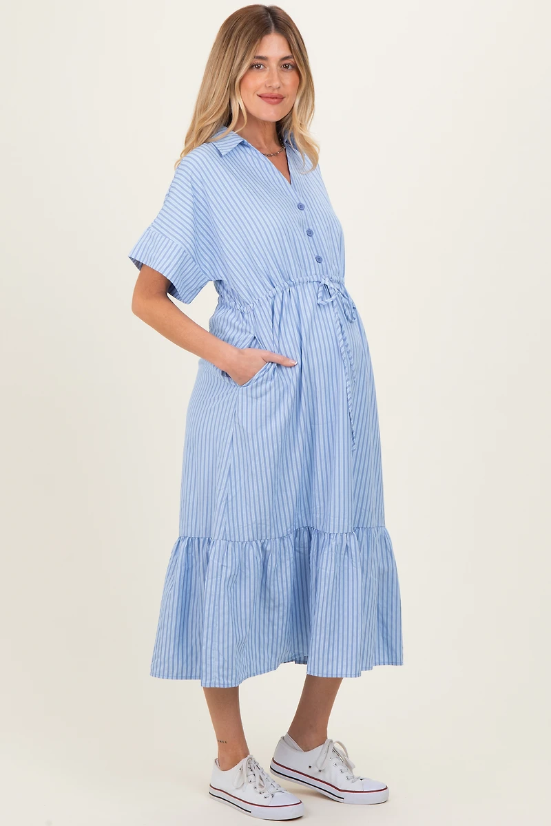 PinkBlush Womens Light Blue Striped Button Collared Maternity Midi Dress